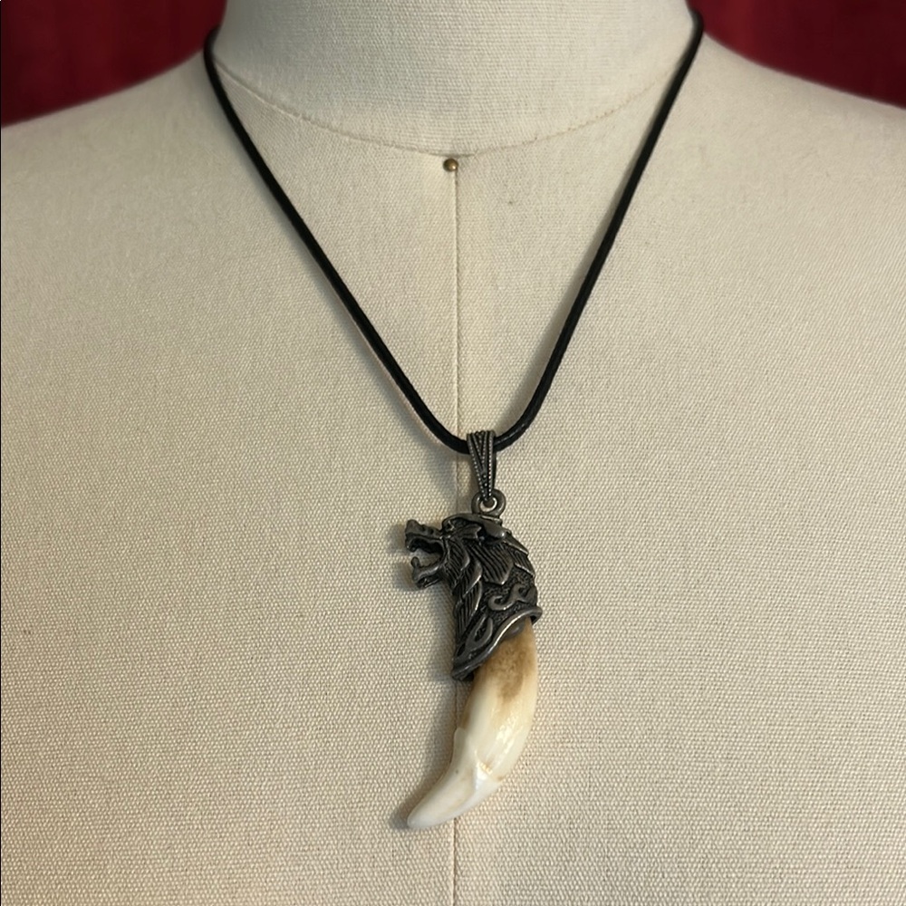 Wolf Tooth Pendant Necklace with Black Cord